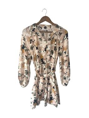 White Closet Beige Pink Floral Long Sleeve Boho Dress Buttons Mini Midi Size 10